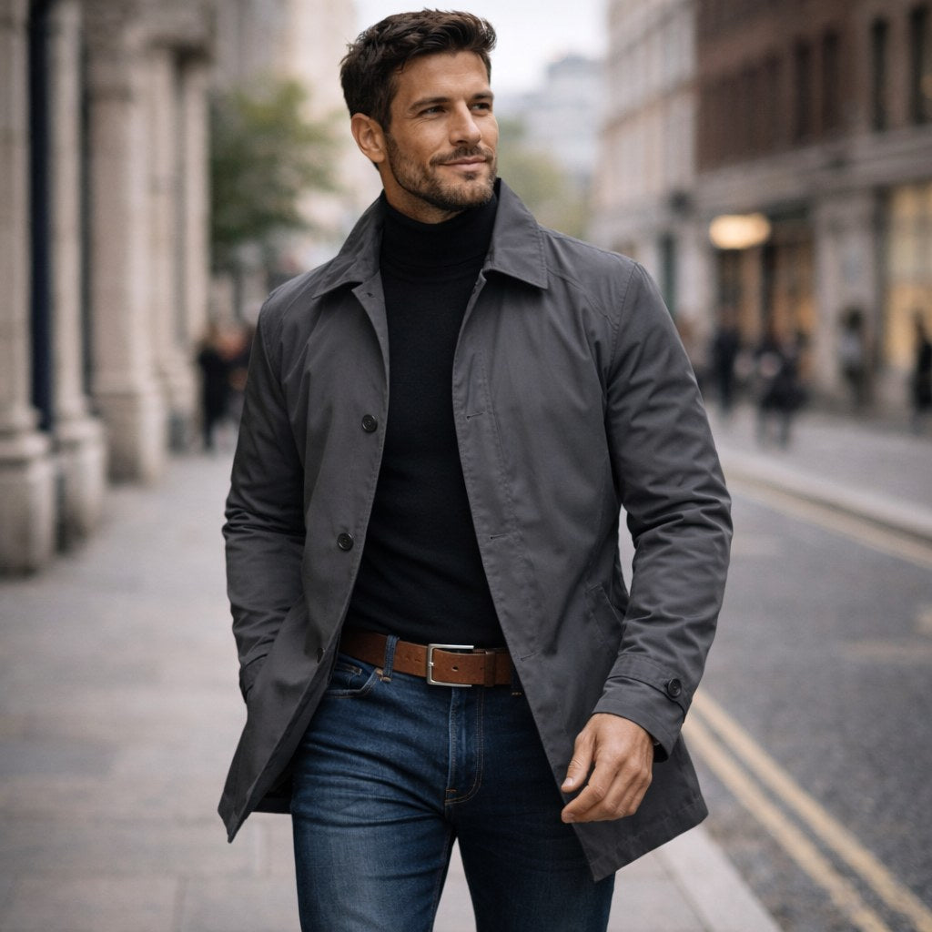 Men's Collared Button-Up Weather Overcoat