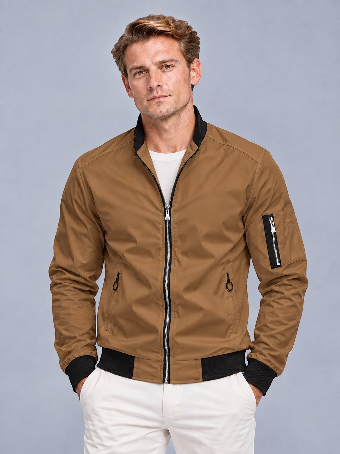 Men's Collared Zip-Up Bomber Jacket