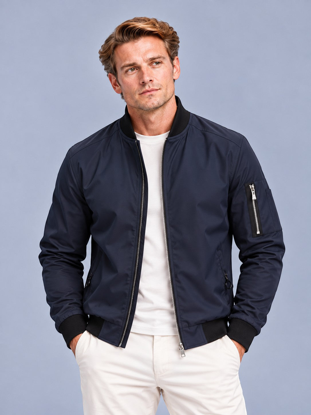 Men's Collared Zip-Up Bomber Jacket