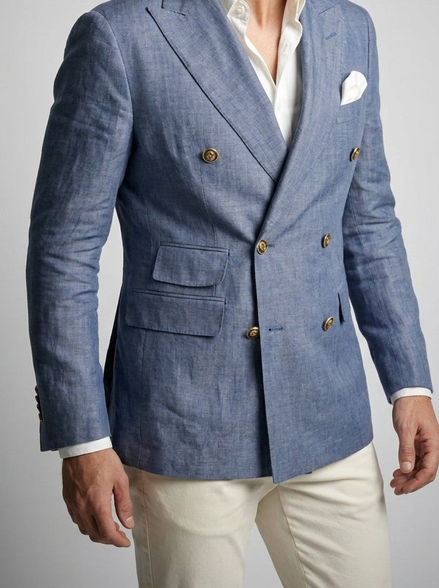 Men's Linen Peak Lapel Double Breasted Blazer