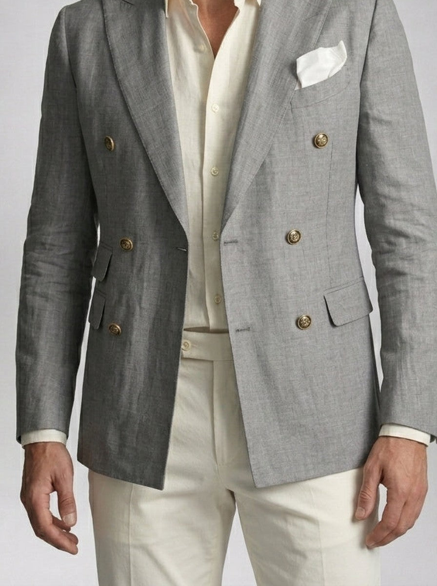 Men's Linen Peak Lapel Double Breasted Blazer