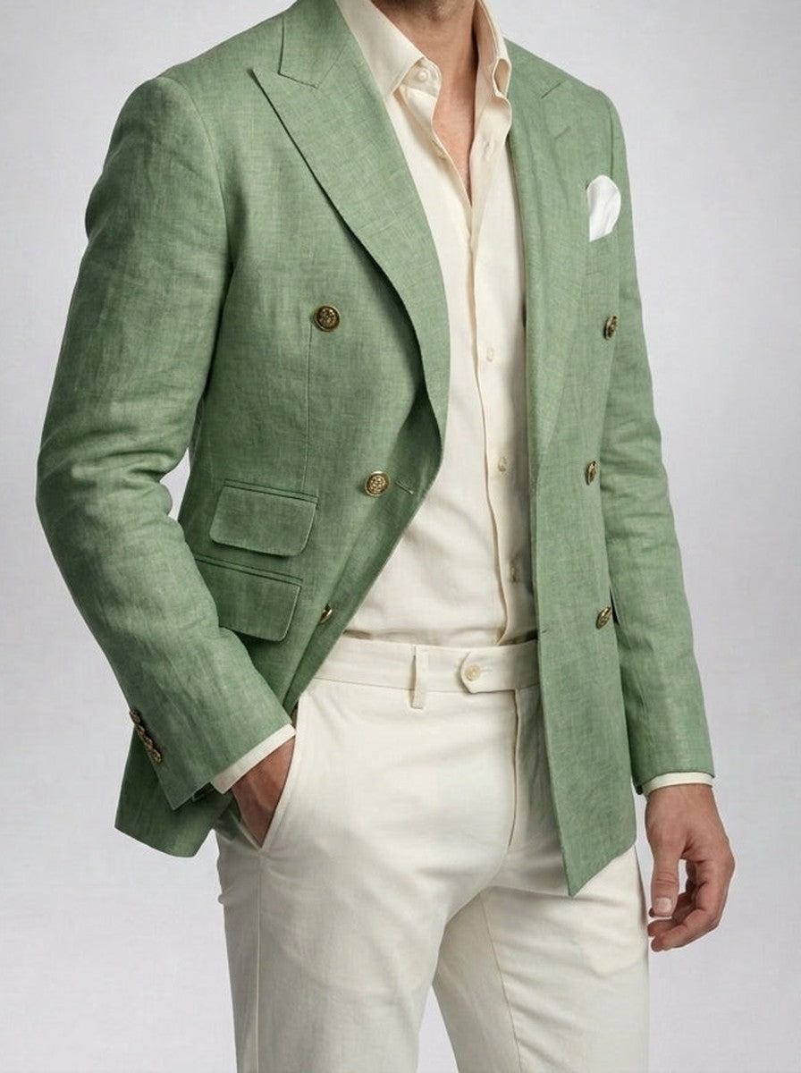 Men's Linen Peak Lapel Double Breasted Blazer