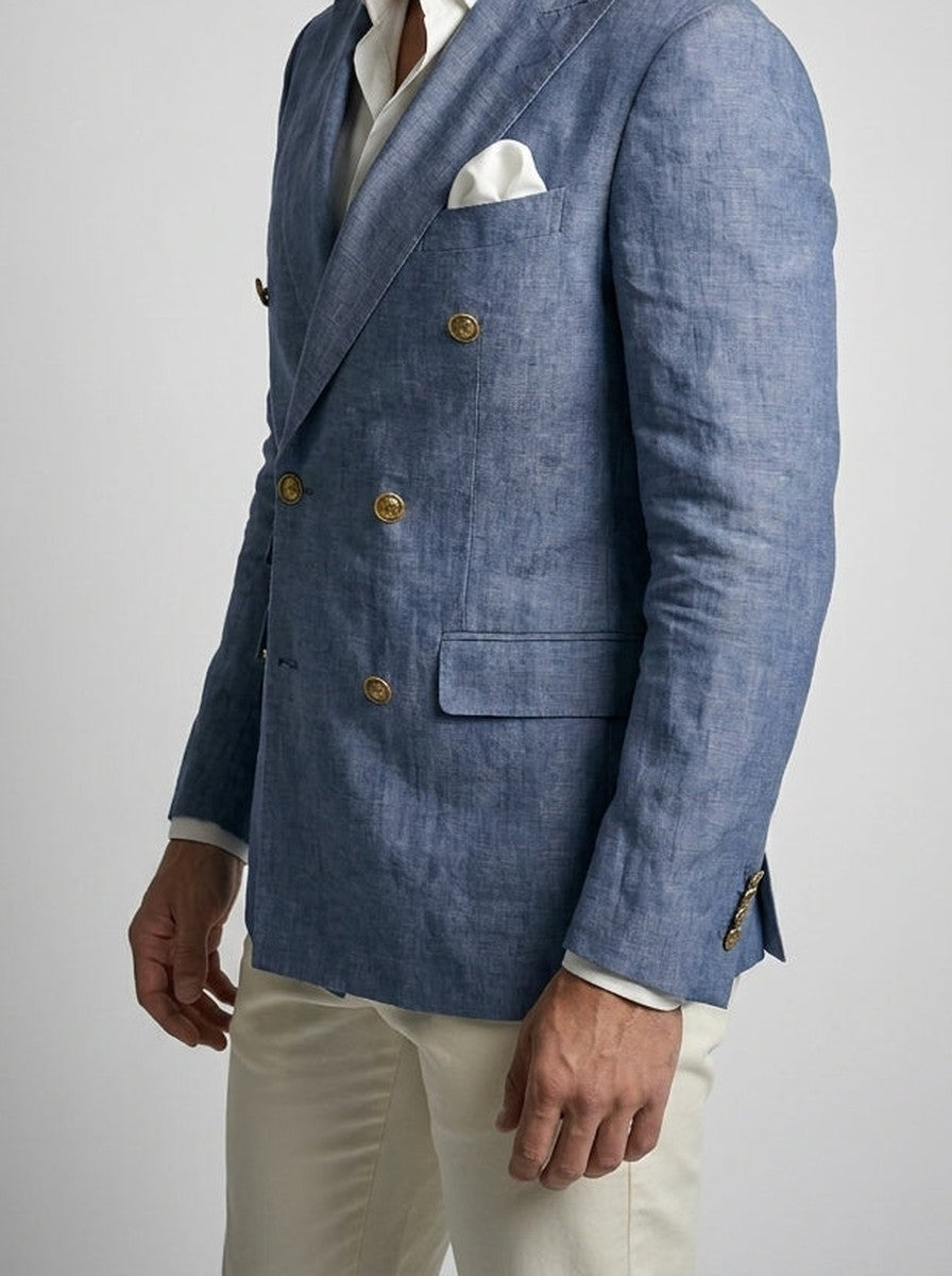 Men's Linen Peak Lapel Double Breasted Blazer