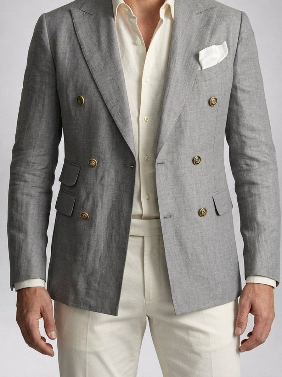Men's Linen Peak Lapel Double Breasted Blazer