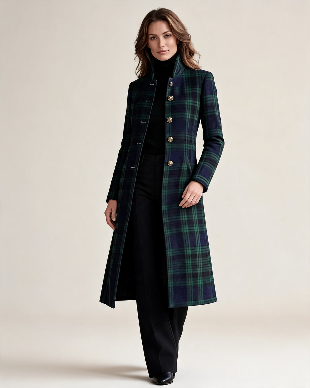 Women's Button-Up Checked Long Coat