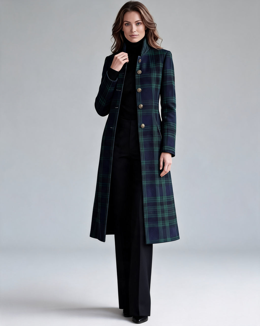 Women's Button-Up Checked Long Coat