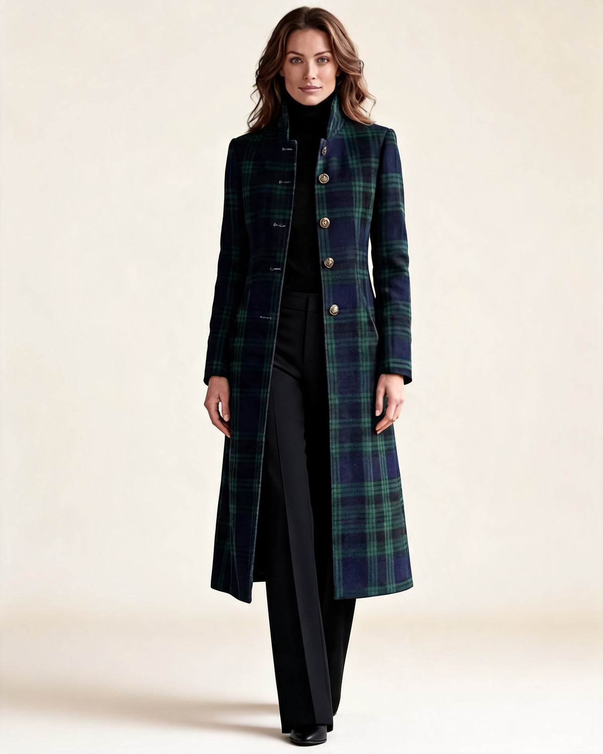 Women's Button-Up Checked Long Coat
