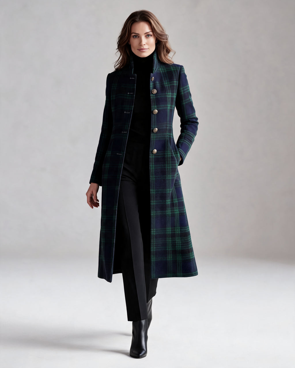 Women's Button-Up Checked Long Coat