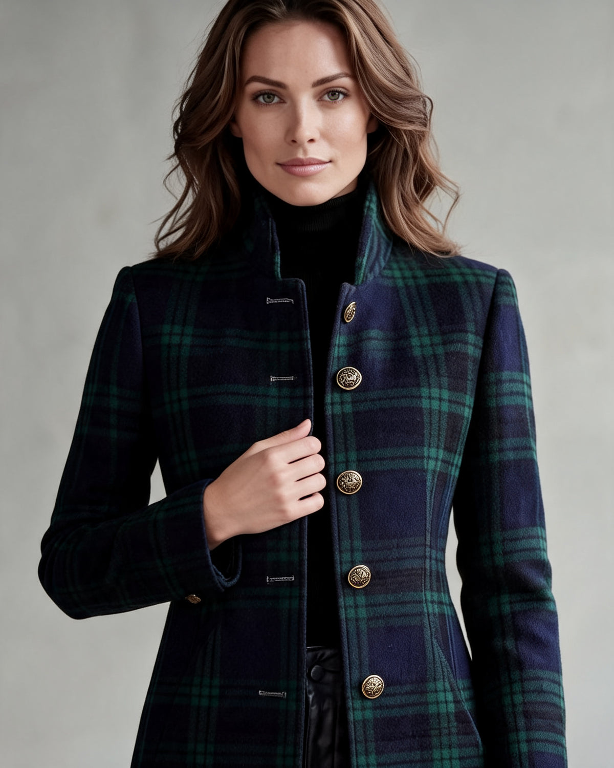 Women's Button-Up Checked Long Coat