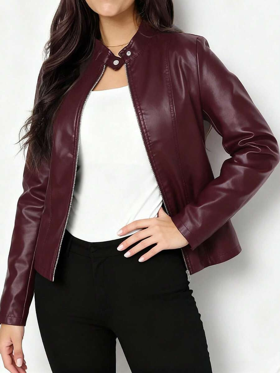 Women's High Collar Fitted Leather Jacket