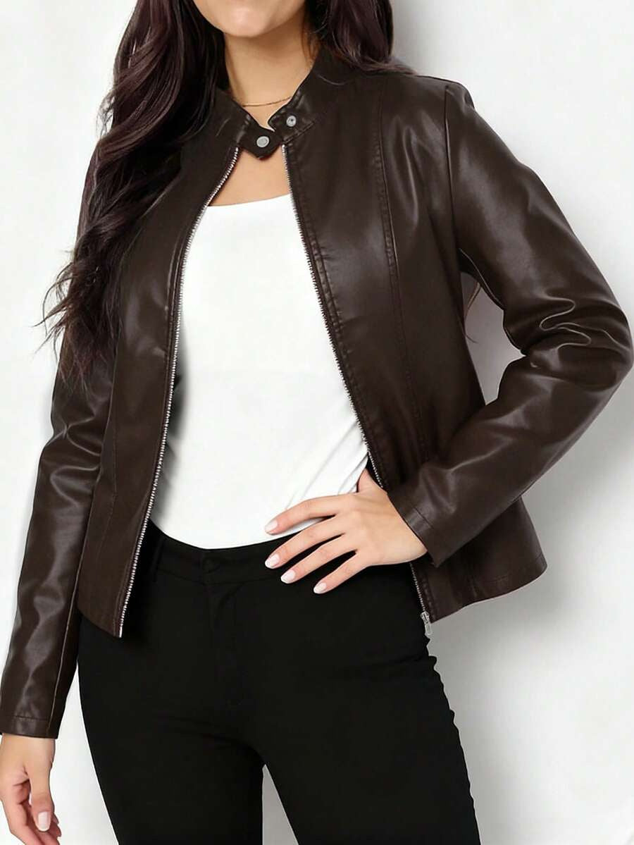 Women's High Collar Fitted Leather Jacket