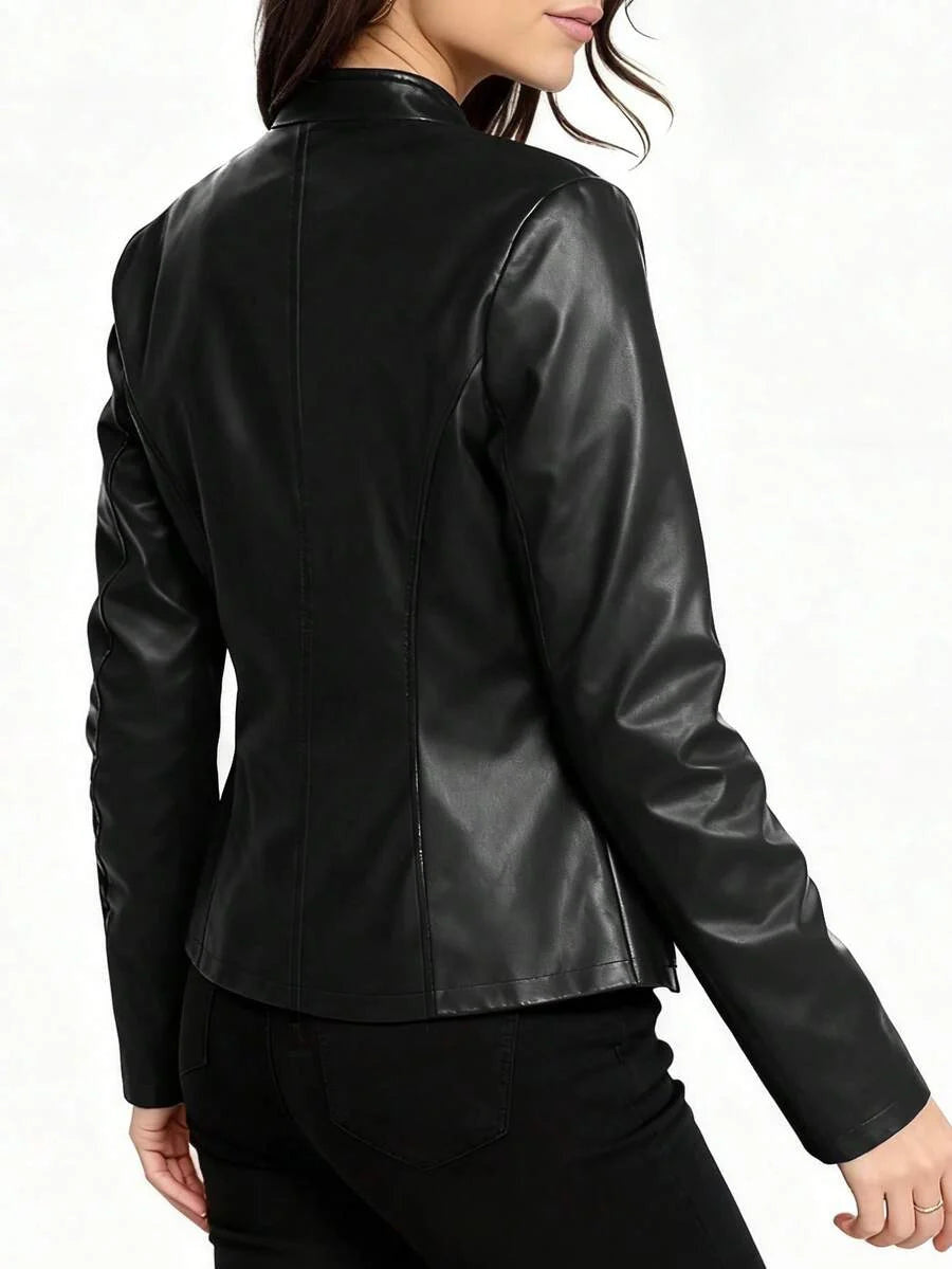 Women's High Collar Fitted Leather Jacket