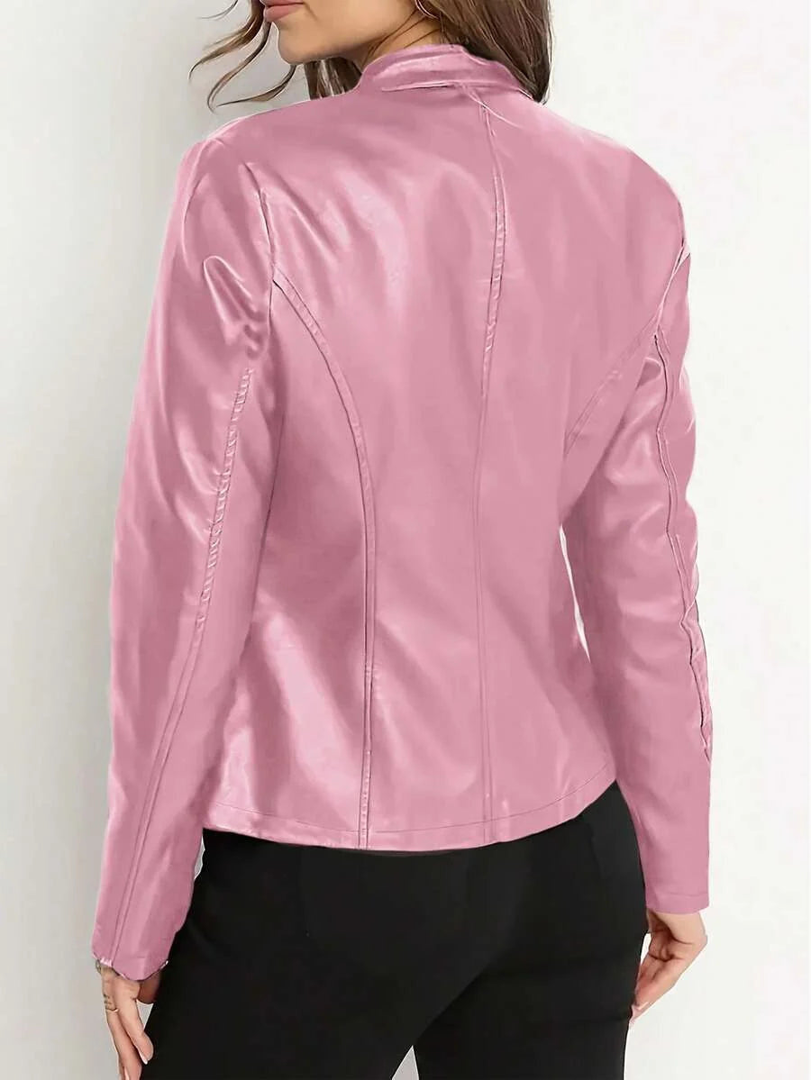 Women's High Collar Fitted Leather Jacket