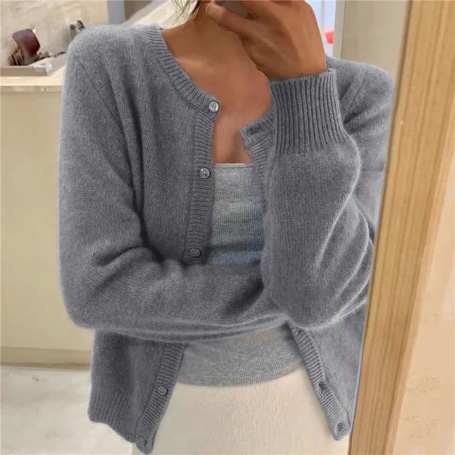 Women's Round Neck Fine Knit Fluffy Cardigan