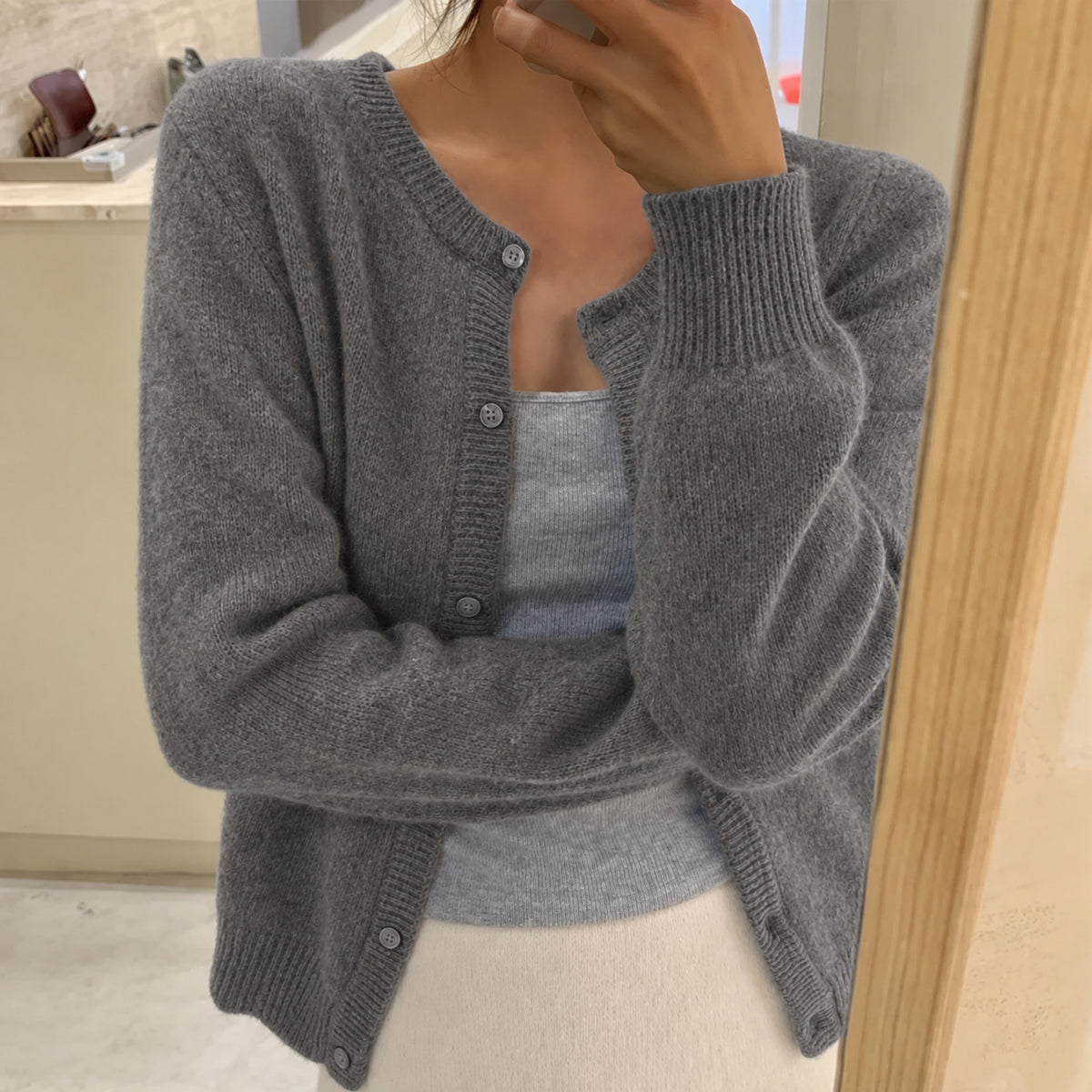 Women's Round Neck Fine Knit Fluffy Cardigan