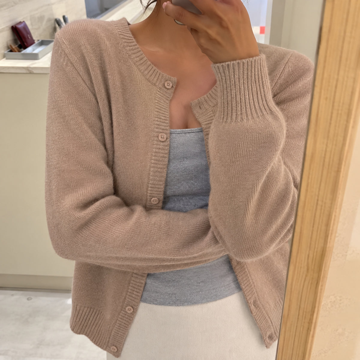 Women's Round Neck Fine Knit Fluffy Cardigan