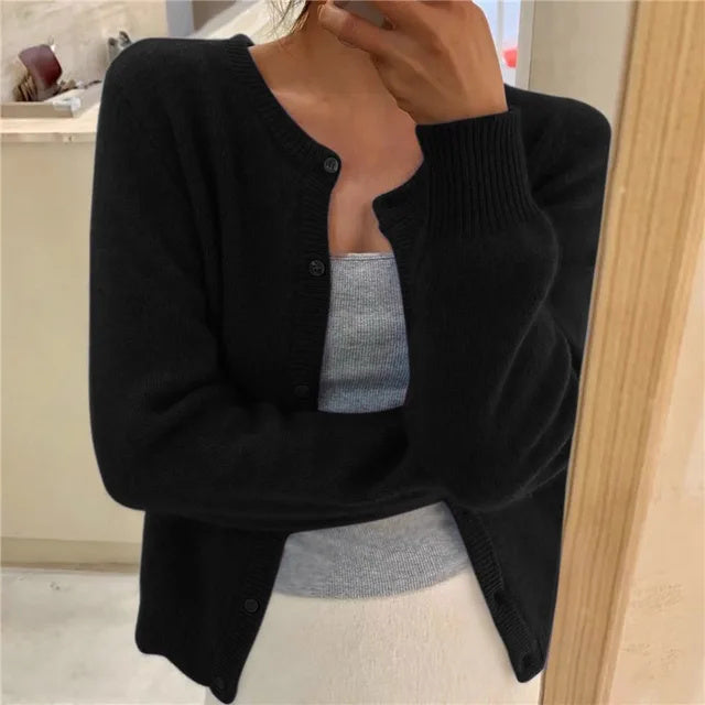 Women's Round Neck Fine Knit Fluffy Cardigan