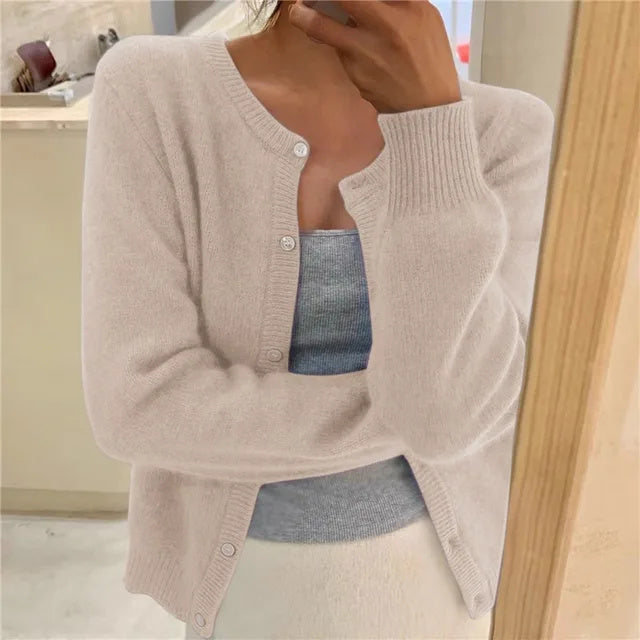 Women's Round Neck Fine Knit Fluffy Cardigan