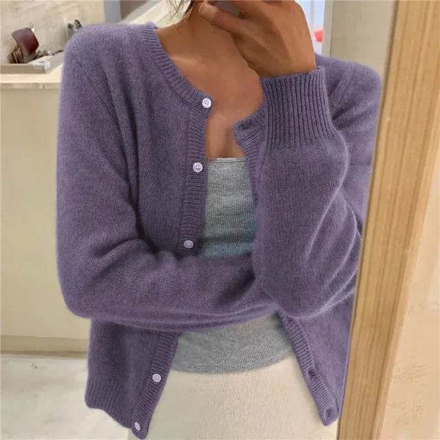 Women's Round Neck Fine Knit Fluffy Cardigan