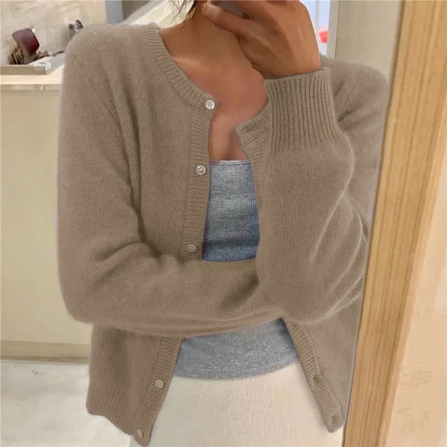 Women's Round Neck Fine Knit Fluffy Cardigan