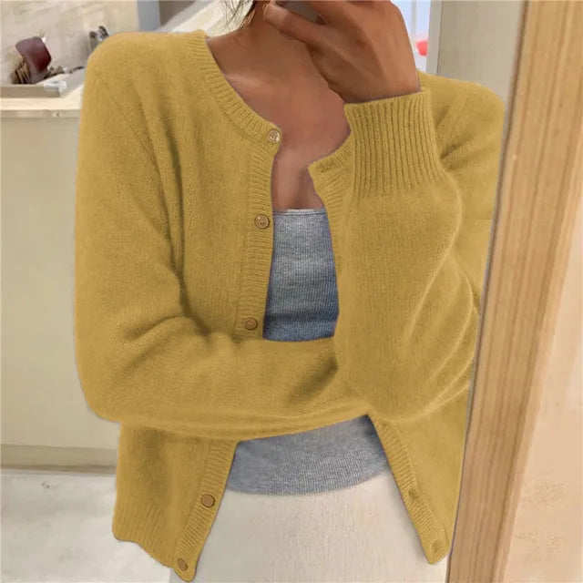 Women's Round Neck Fine Knit Fluffy Cardigan