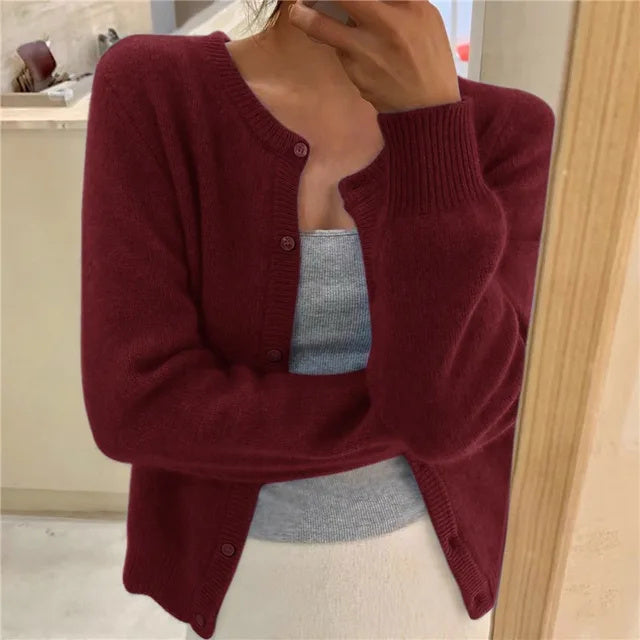 Women's Round Neck Fine Knit Fluffy Cardigan