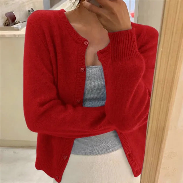 Women's Round Neck Fine Knit Fluffy Cardigan