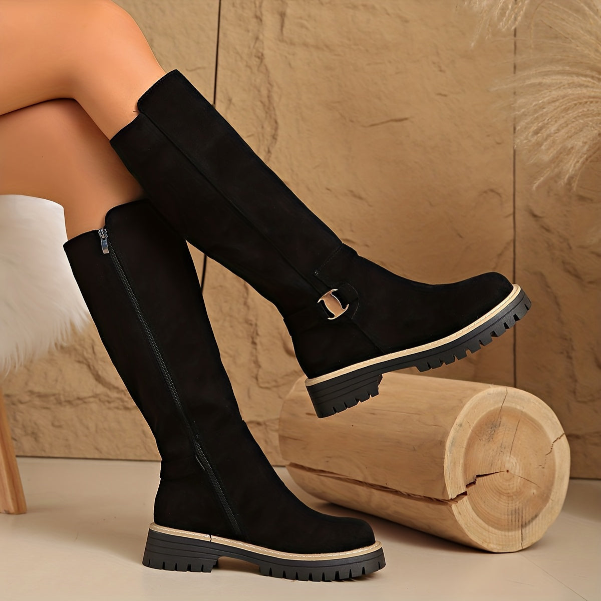 Women's Zip-Up Chunky Knee High Boots